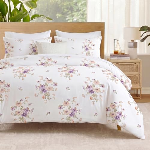 MOVE OVER Lavender Floral Duvet Cover Queen Size, 100% Cotton Duvet Cover Set with Zipper Closure & Corner Ties, Soft Breathable Delicate Bouquet Floral Bedding Set for All Seasons by MOVE OVER - Used condition - US$51.28