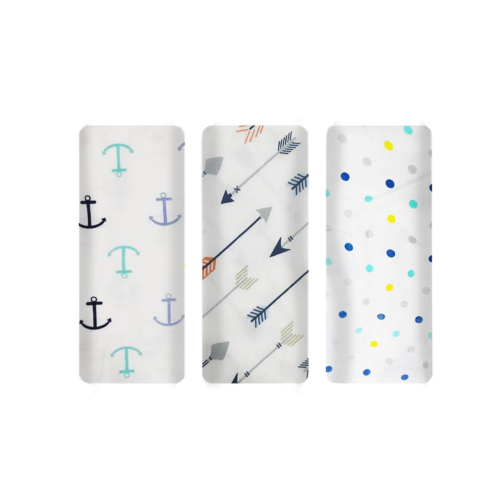 cottingtonlane Soft Organic Muslin Cotton Arrow, Anchor, Dot Baby Swaddle Blanket (White, Extra Large Size 120 X 120 cm) -Pack of 3
