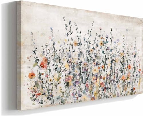 Canvas Wall Art Bedroom Framed Large Vintage Wildflower Wall Decor Farmhouse Meadow Landscape Artwork for Living Room Office Colorful Decor Giant Classic Art