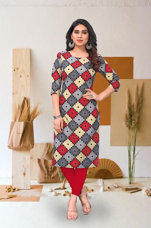 Image of JAKHANA Women's Crepe Printed Casual Straight Calf Length Round Nick Kurta Pack of 4