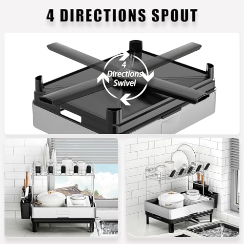 Image of Ewaiira Dish Drying Rack, 2 Tier Large Dish Rack, Stainless Steel Dish Drainer for Kitchen Counter, Dishes Rack with Automatic Drainage, Utensil Holder,Cups Holder,Space Saving Kitchen Organizer,Black