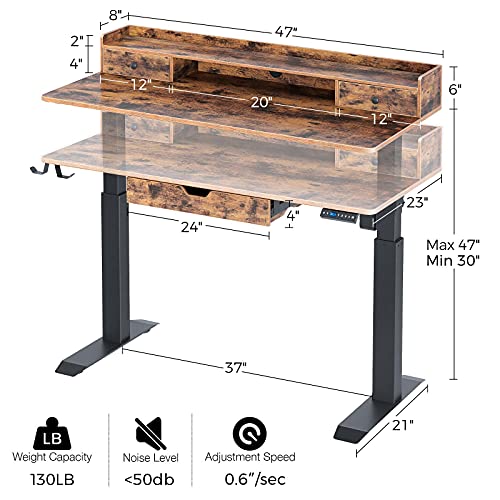 Rolanstar Electric Standing Desk With Drawers, Height Adjustable Desk With Power Outlet & Monitor Shelf, Stand Up Home Office Desk With Headphone Hooks, Rustic Brown #TOP2