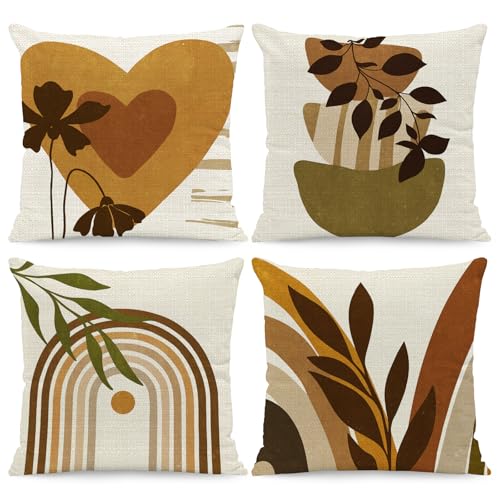 BREASOME Abstract Throw Pillow Covers 4-Pack - 18x18 Inch Earth Tone Retro Art Decorative Cushion Cases for Sofa, Office & Home Décor