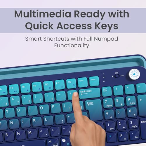 Image of Portronics Bubble 4.0 Wireless Keyboard with Bluetooth + 2.4 GHz USB Receiver, Rechargeable Battery, Volume Control Knob, Multimedia Hotkeys with Numpad, for Laptop, PC, Smartphone, Tablet(Blue)
