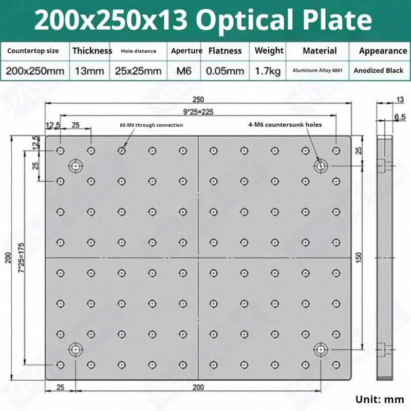 Placa plana óptica de apertura M6 de aleación de aluminio: placa de panal duradera for plataformas ópticas y uso en bancos de trabajo(200x250x13mm)