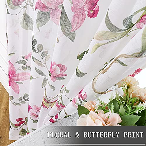 Tollpiz Floral Sheer Curtains Pink Cherry Flower Butterfly Print Living Room Curtain Rod Pocket Voile Linen Look Short White Sheer Curtains For Bedroom, 54 X 45 Inches Long, Set Of 2 Panels #TOP2