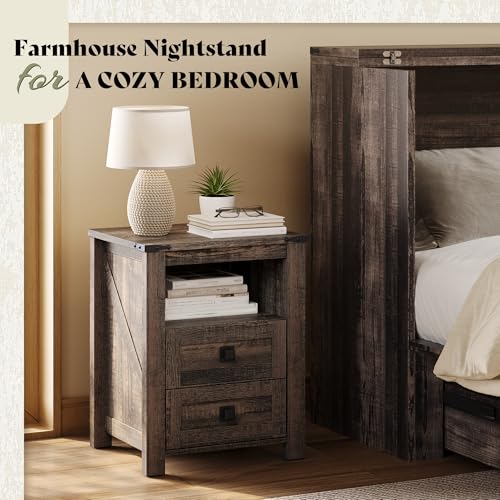 Image of AMERLIFE Farmhouse Nightstand Set of 2, Wooden Side Table with Drawers & Open Shelf, Narrow /Small Bedside End Table, Wood Night Stand for Bedroom /Dorm /Home Office, Rustic Black Oak