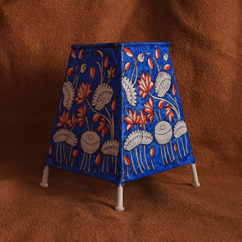 Image of Andhra Leather Craft Lamp Shade, Small (6 inch x 4 inch / Set of 1) - Blue Floral (Square) 2 meter wire with bulb holder and socket included - Handpainted Leather Table Lamp: Tholu Bommalata