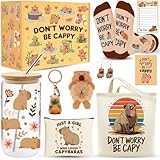 WOFIROY 10 Pieces Capybara Gifts for Women, Cute Capybara Stuff with 16 Oz Glass Cup Tote Bag Makeup Bag Socks Hairband Keychain Sticky Notes Earrings for Capybara Lover Birthday Christmas Gift