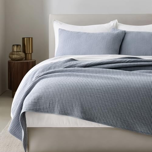 EVERGRACEHOME Cotton Ribbed Matelassé Coverlet Set, King Size, Blue Linen