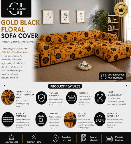 Image of Gifts Island Premium 160GSM Super Soft Gold Black Floral Stretchable Sofa Cover L Shape 5 Seater Fully Covered | Suitable for Both Left and Right Side Chaise Sofa (Gold Black Floral, 3+2 Seater)