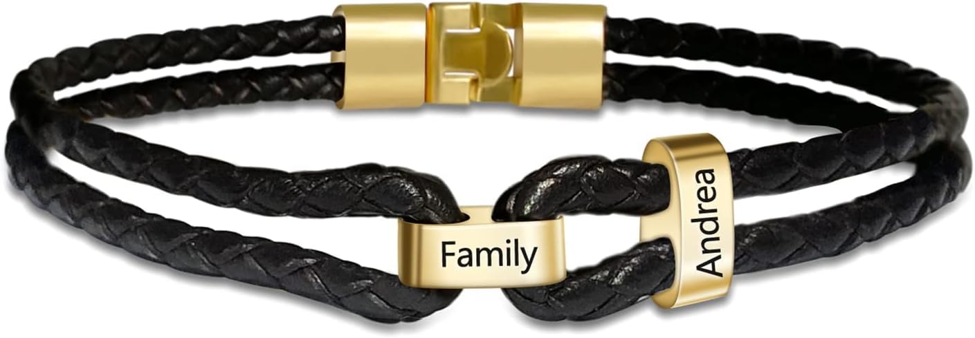 BAUMA AUTO Personalized Name Bracelets for Men with 1-9 Name Beads Men's Braided Leather Bracelet Ideal Gift for Men Father's Day