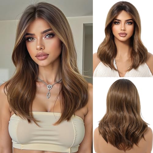 OUFEI Ombre Brown Parrucca per Le Donne Con Frangia a Tenda Capelli Sintetici Naturali Lisci e Ricci Resistenti Al Calore Parrucche per Cosplay Partito Quotidiano Indossare