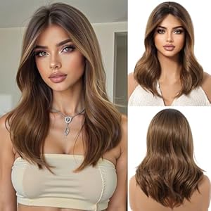 OUFEI Ombre Brown Wig for Women with Curtain Bangs Medium Length Natural Curly Synthetic Hair Heat Resistant Wigs for Daily Party Cosplay Wear