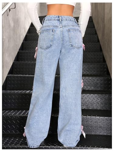 SOLY HUX Girl's Y2k Bow Jeans Cute Straight Leg Mid Waist Casual Denim Pants3
