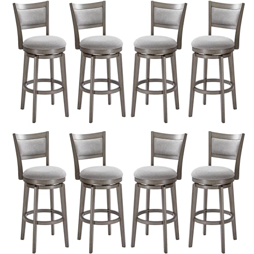Swivel Bar Stools Set of 8, 30" High Back with Wood Legs, Grey