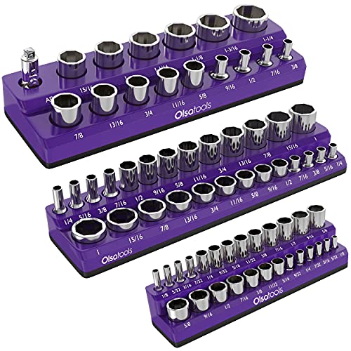 Olsa Tools Magnetic Socket Organizer | 3 Piece Socket Holder Kit | 1/2-inch, 3/8-inch, & 1/4-inch Drive | Metric Black | Holds 75 Sockets | Professional-Grade