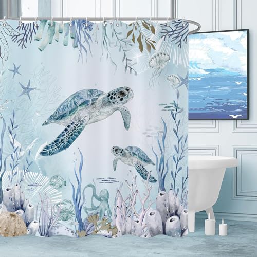 Caheansi Sea Turtle Shower Curtain Teal Blue Ocean Beach Coastal Turtle Starfish Jellyfish Underwater Creatures Bathroom Curtain Waterproof Fabric Machine Washable with Hooks 72 Wx72 L