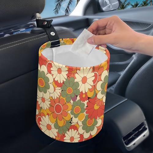 Image of Pensura Car Garbage Can Reusable Buttons Mini Car Trash Bin Auto Organizer Collapsible Accessories Cute Floral Print Hanging Vehicle Garbage Can for Vehicle, Travelling, Camping