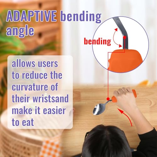 Image of Adaptive Utensils Angled Spoon and Fork for Hand Tremors Parkinsons,Weighted Utensils with Non-Slip Easy Grip Handles for Independent Eating (1pcs Spoon+1pcs Fork=2 pcs,Orange,Right Hand)