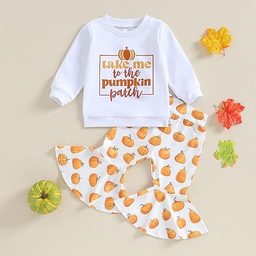 Rtnnsbbfcm Toddler Baby Girl Halloween Outfit Long Sleeve Pumpkin Letter Print Sweatshirt Top Bell Bottom Pants 2Pcs Set2