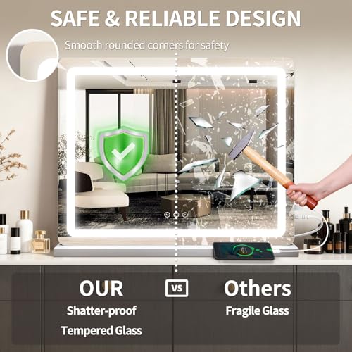 Image of ROLOVE 23 inchx 18 inch Large Vanity Mirror with Lights, LED Makeup Mirror for Dresser and Desk, 10X Magnification, Dimmable Touch Control, Wall Mounted or Tabletop Mirror for Bedroom (White)