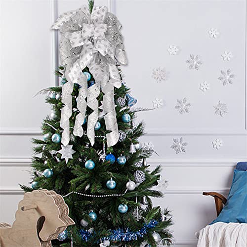 Christmas Tree Topper Wreath Bow Long Tails 40X13 Inch Silver Bows Decorative Large Colorful Wired Edge Xmas Supplies Bows Wall Ornaments For Home Decor (Silver) #TOP3