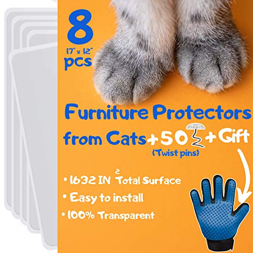 Furniture Protectors from Cats - 8 XL Pack - Cat Scratch Deterrent - Cat Repellent for Furniture - Couch Protector from Cats - Includes Grooming Glove