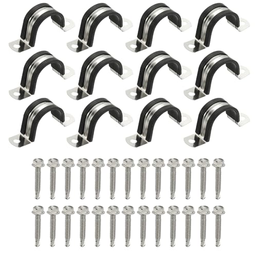 PATIKIL 12Pcs Pipe Clamps, 1-1/16 Inch 304 Stainless Steel Rubber Cushioned U Bracket Conduit Clamps Pipe Strap Wire Clips with Hexagonal Screw for Tube Hose Cord Installation, 27mm