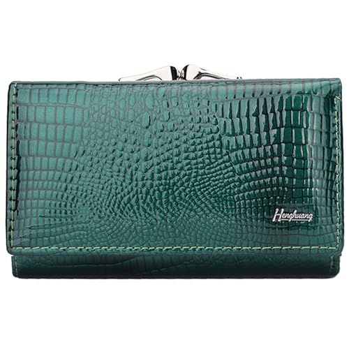 Genuine Patent Leather Trifold Wallet for Women - Compact Kiss-lock Coin Purse with Crocodile Embossed Texture, RFID-blocking Card Holder - 8 Card Slots | ID/Photo Window - Green