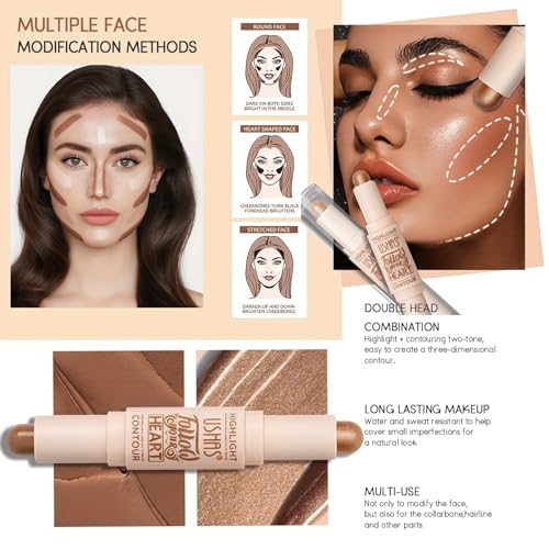 2 In 1 Highlight and Contour Stick, Cream Contouring Bronzer Makeup Stick Lightweight Bright Colour Corrector Sculpting Facial Long Lasting Waterproof Contour Stick - Image 5