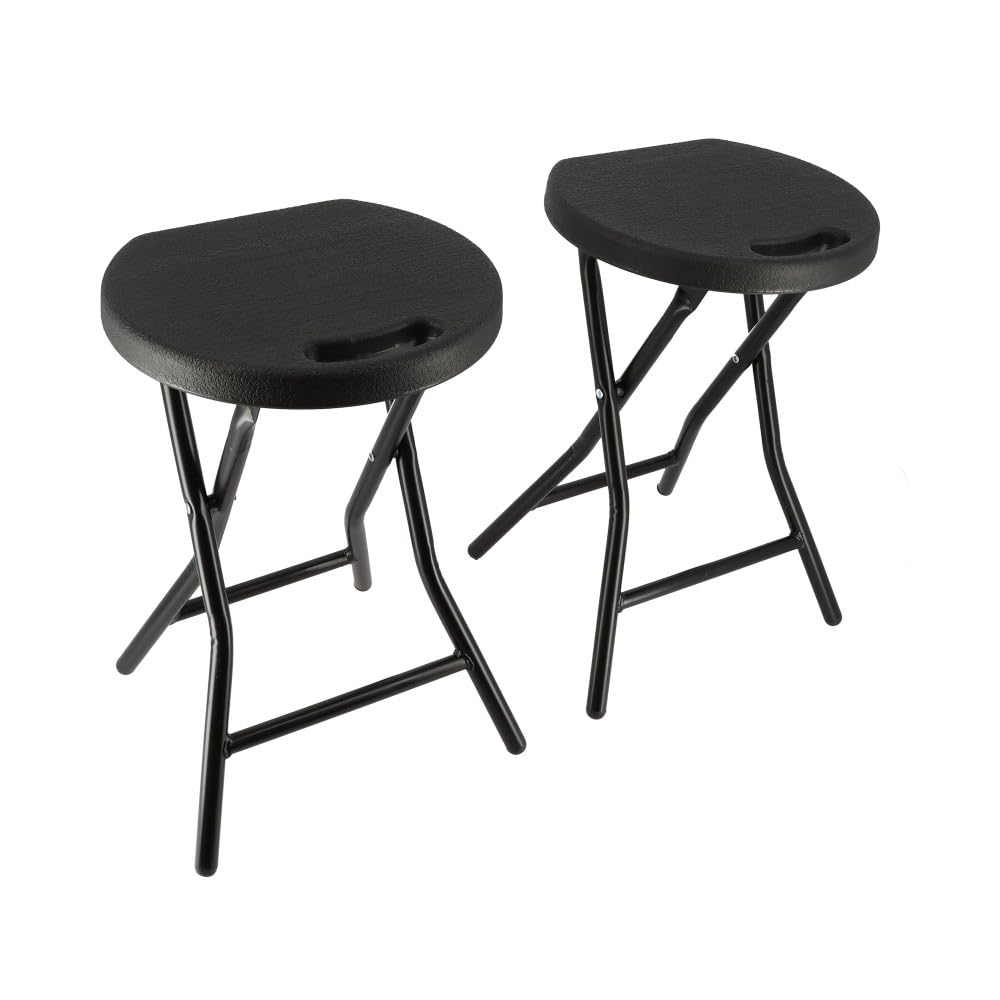 Tabourets pliants x2 - Ht 46cm - Tabouret pliable de Jardin, Terrasse, Balcon - Noir - Siège résine Structure Acier - Poignée