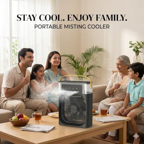 Image of DRUMSTONE Luxurious 5 Years Warranty Portable Rechargeable Air Cooler Fan with Mist Spray Instant Mini AC Cooling Powerful Airflow USB Charging Personal Desktop Cooler for Home Office Travel SummerUse