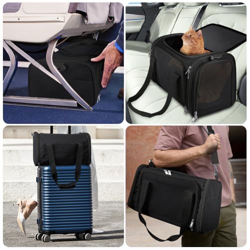 vsshe Hundebox faltbar, Hundetransportbox, Transporttasche für Katze Hund für Reise Auto Flugzeug, Leicht Atmungsaktiv Tragebox für Kleine&Mittelgroße Katze Kaninchen Welpen bis 15lbs (Schwarz)