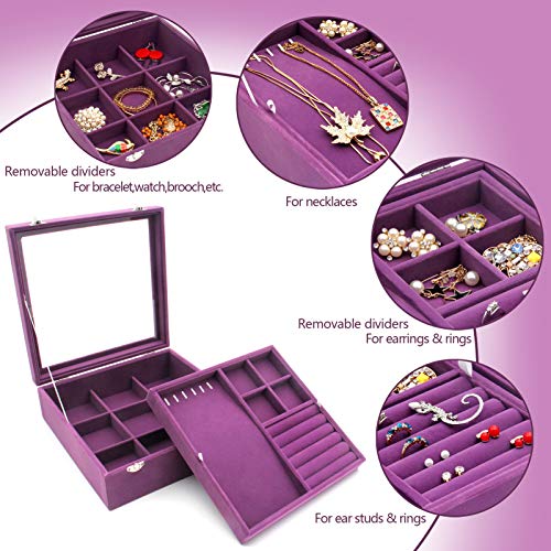 Kloud City Jewelry Box With Glass Lid Two-Layer Jewelry Box Organizer Display Storage Case (Purple) #TOP6