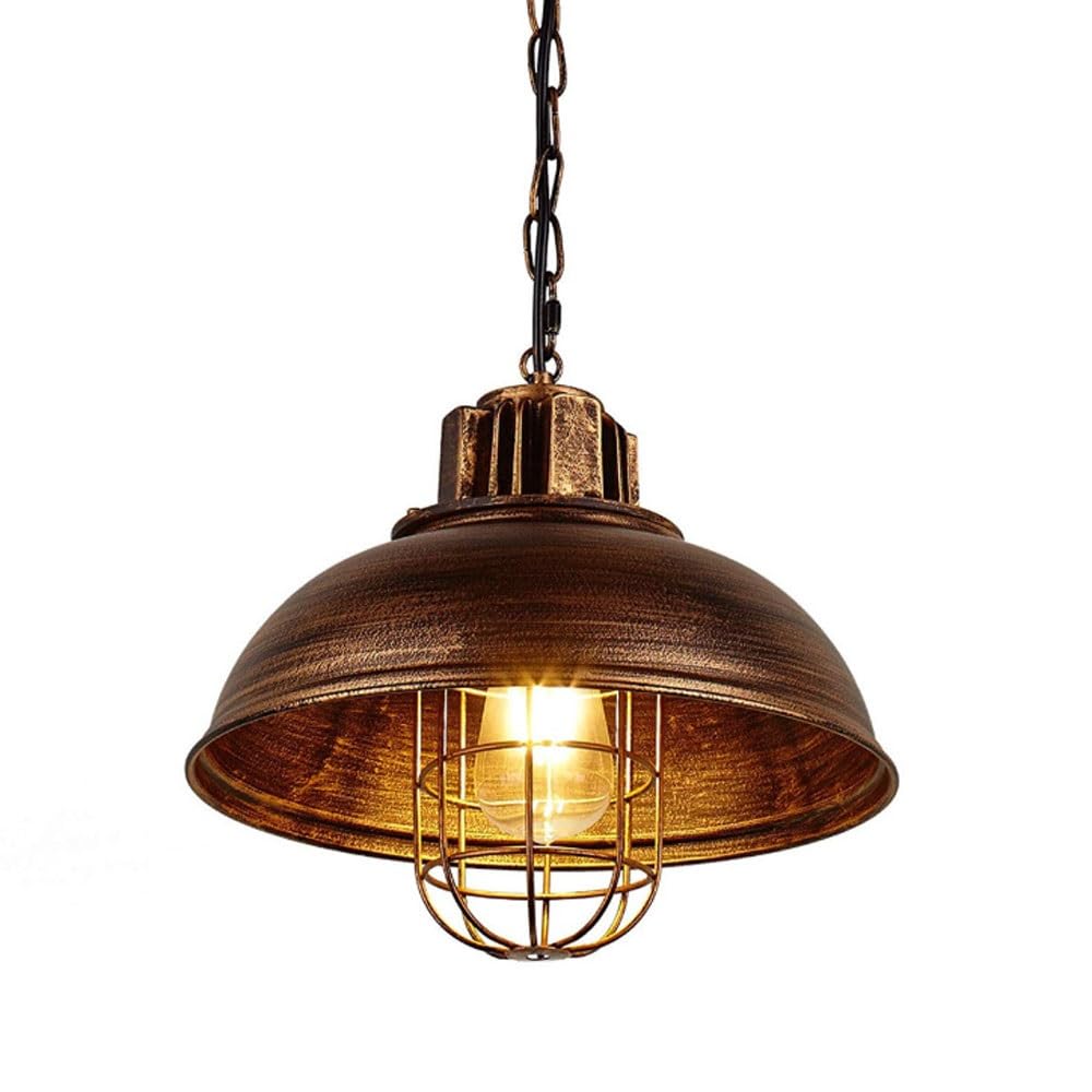 BLOOHK Industrial Pendant Light with Metal Cage, Matte Black Dome Barn Light, Rustic Farmhouse Hanging Chandelier for Kitchen Island, Dining Room, Entryway(Brass)