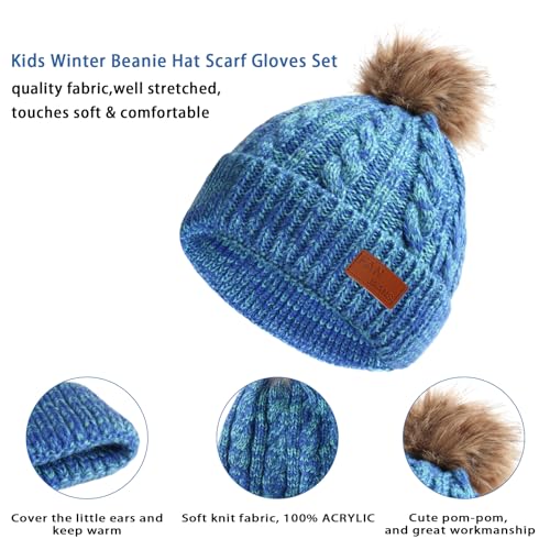 Image of Kids Hat Scarf Gloves Set, Kids Winter Beanie Hat Scarf Gloves Set with Knit Thick Warm Fleece Lined for 1-6 Years Old