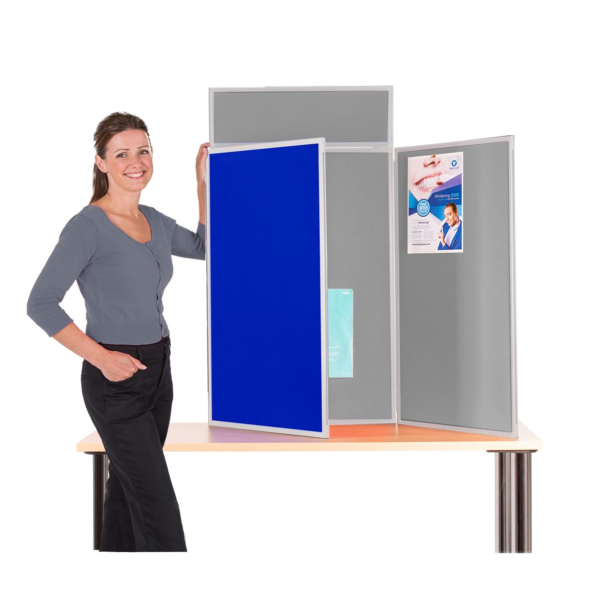 Wonderwall Desktop Exhibition 3 Panel Folding Display Panel Kit, Twin Royal Blue/Grey, with Grey PVC Frame, with Bag, 100 Adhesive Tabs & Header -11 Colours - for Schools, Exhibitions, Venues