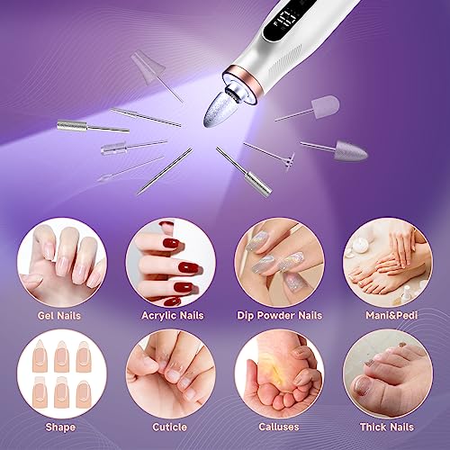 Electric Nail Drill, Electric Nail File for Acrylic Gel Dip Powder Nails,Professional Manicure and Pedicure Kit,10 Speeds Nail Care Set for Grinder Sander Trimmer Buffer(White)
