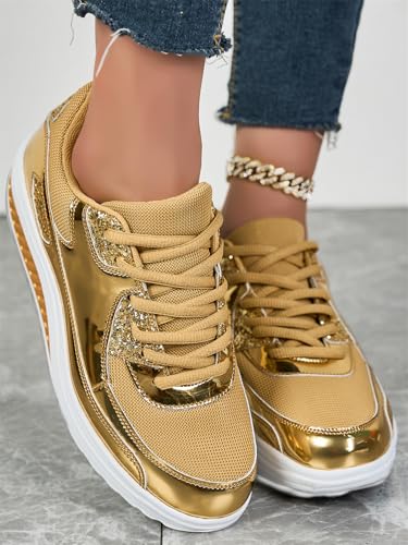 HUIQINGLI Women’s Trendy Casual Sparkling Style Platform Sneakers, Rhinestone Fashion Gold Shoes, Casual Lace Up Walking Shoes3