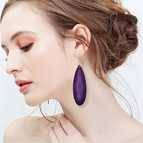 Bohemian Retro Black Brown Natural Wooden African Teardrop Dangle Drop Earrings Lightweight Handmade Long Big Vintage Wood Geometric Earrings for Women (Purple)4