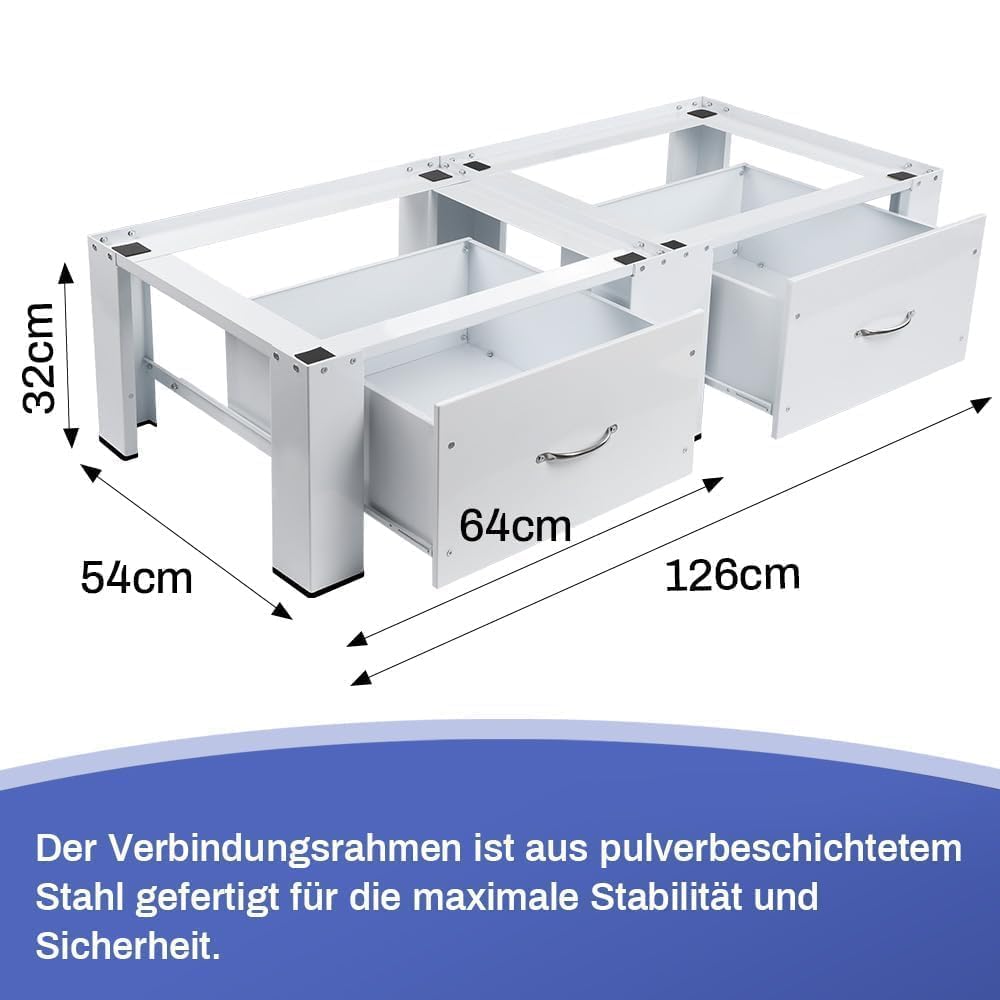 Estructura de acero de 2 compartimentos para lavadoras, secadoras, incluye cajones | Hasta 300 kg, 126 x 54 x 32 cm, doble armario de base doble, pedestal para lavadoras, pedestal elevador
