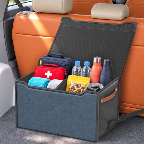 Stylish Two-Tone Design,Car Trunk Organizer with Lid,Large Capacity,45L | Car Trunk Organizer with Faux Leather Handles, Foldable Car Storage Box Equipped with Adjustable Partitions