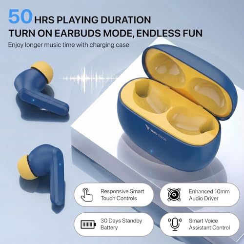 Image of Vaku Luxos SONAIR TWS Bluetooth 5.4 Earbuds | 60H Playtime | Touch Controls | Type-C Fast Charging | 10mm Driver | Voice Assistant | Deep Bass Wireless Earbuds with Charging Case- Blue /Yellow