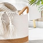 KAKAMAY Large Blanket Basket (20"x13"),Woven Baskets for storage Baby Laundry Hamper, Cotton Rope Blanket Basket for Living Room, Laundry, Nursery, Pillows, Baby Toy chest (White/Brown) - Image 4