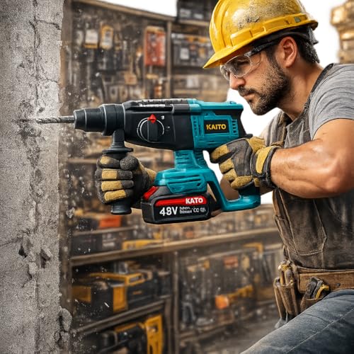 Image of KAITO 26mm Cordless Rotary Hammer Drill | 48V Li-ion 5.0Ah Battery | 2000 RPM | 128Nm Torque | Reversible Hammer Drill with Chiseling Mode | Heavy Duty Concrete, Wood & Metal Drilling Tool Kit