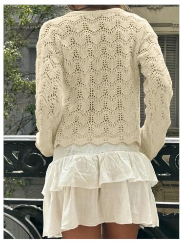 Image of SHENHE Women's Tie Front Cardigan Trumpet Sleeve Pointelle Knit Crop Tops