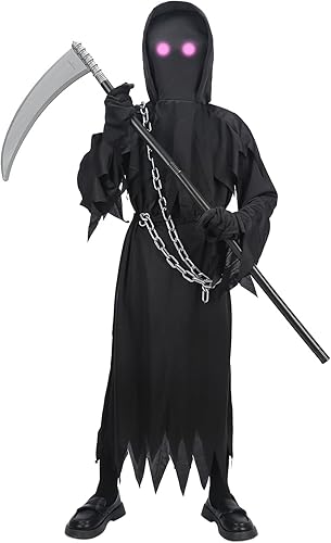 Miniatura 3 de SenQWFa Disfraz de Halloween para niños, disfraz de Halloween de la parca con ojos rojos brillantes, guadaña y cadena