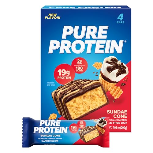 Pure Protein Bars, High Protein, Nutritious Snacks to Support Energy, Low Sugar, Gluten Free, Sundae Cone, 1.76oz, Pack of 4
