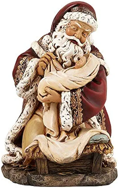 St Nicholas Figurine: Kneeling Santa with Baby Jesus 7" Hand-Painted Resin Statue